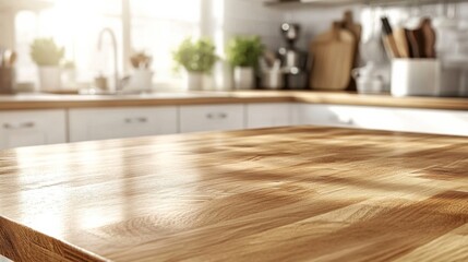 Wooden Tabletop on Blurred Kitchen Counter, Ideal for Product Display or Key Visual Design in Composition