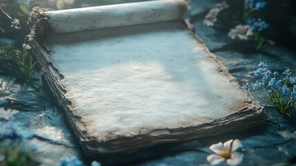 Blank ancient scroll, floral backdrop, fantasy setting, mockup
