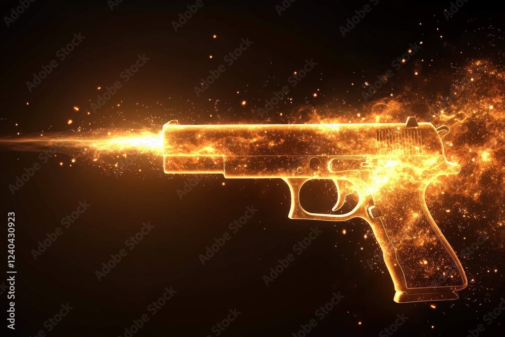 Aufkleber golden spark of energy emerges from a glowing handgun in a dark environment