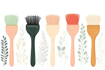 Colorful paintbrushes lined up against a soft botanical background in a creative space