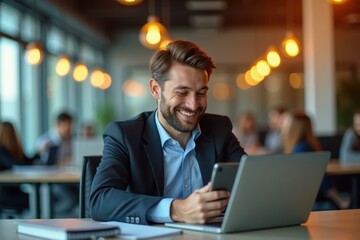 Smiling businessman with beard in blue suit using smartphone and laptop in modern office for remote work technology digital communication warm interior blurred background