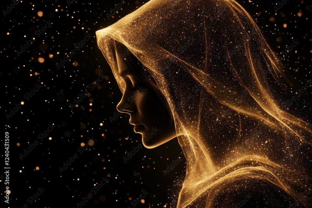 Aufkleber Elegant figure draped in shimmering gold fabric surrounded by glowing particles in a dark setting