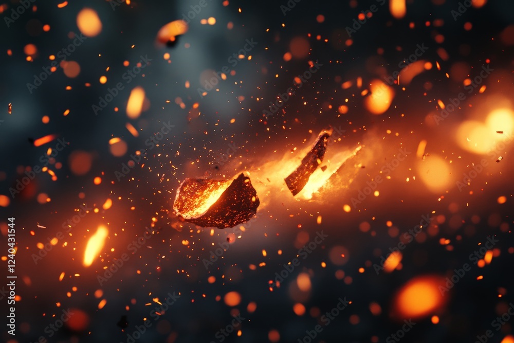 Poster Embers and sparks create a mesmerizing display of light in the dark atmosphere