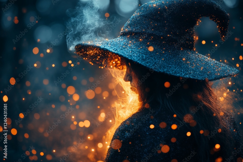 Poster mystical figure in a shimmering hat surrounded by glowing embers at twilight in an enchanted forest