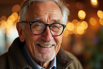 Smiling elderly man with gray hair and glasses wearing brown jacket indoors with warm bokeh lights background perfect for senior lifestyle, happiness, wellness, and healthcare concepts