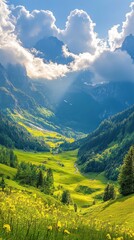 Obraz premium A breathtaking valley landscape with vibrant green fields, mountains in the background, and fluffy clouds illuminated by sunlight.
