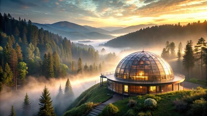 Fototapeta premium Serene Sunrise over Misty Mountaintop Observatory with Glass Dome Structure