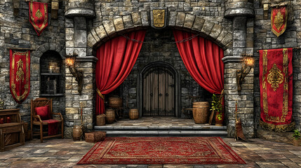 Medieval castle entrance; red curtains, stone walls; fantasy background; game/film setting