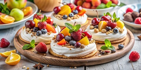 Delightful Summer Fruit Tarts with Creamy Topping and Granola Crumble on Rustic Wooden Board