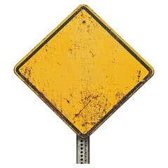 Blank Rusty Yellow Diamond Traffic Sign, Isolated on White Background Cutout