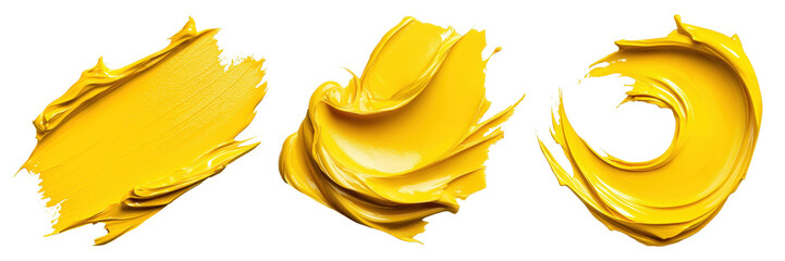 Abstract Yellow Paint Strokes, Three Dynamic Brushstrokes, Isolated on White Background Cutout