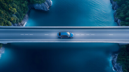 Obraz premium Aerial drone top view of blue car driving on bridge asphalt road above the sea or ocean water coast. Summer tourism travel and transportation landscape, trip, rock, cliff