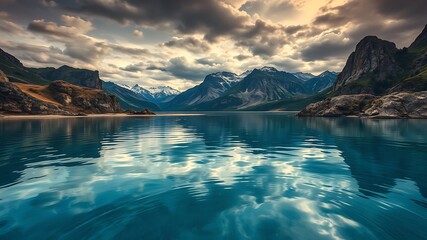 Obraz premium Serene mountain lake reflecting a dramatic sunset sky, showcasing tranquil waters and majestic peaks.