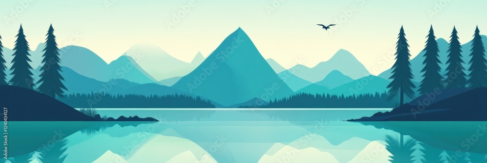 Aufkleber scenic view of tranquil lake surrounded by mountains and forests during early morning hours. generat