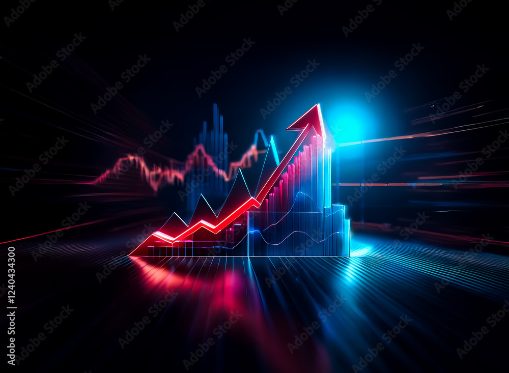 Aufkleber A vibrant 3D rendering showcases a dynamic upward trending graph, illuminated by neon red and blue light streaks, symbolizing growth and progress in a dark, futuristic setting.