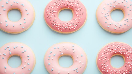 Fototapeta premium Assorted Pink Frosted Donuts with Sprinkles on a Light Blue Background