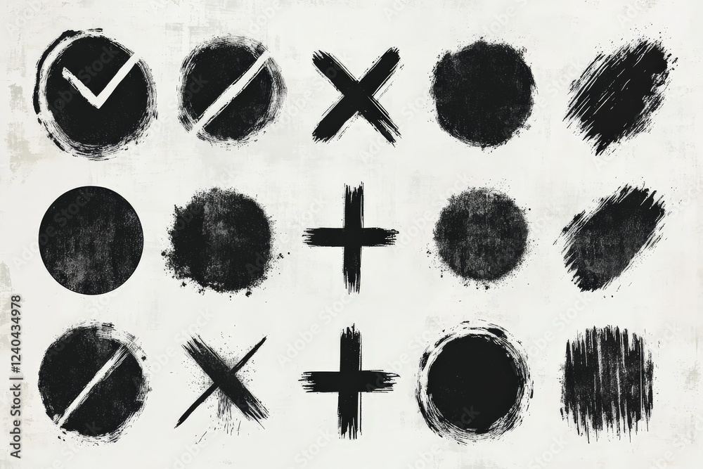 Poster graphic representation of hand-drawn symbols and shapes with black and white contrasts on a textured