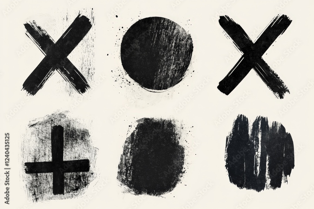 Aufkleber Abstract shapes and marks created with black brush strokes on a light background showcasing simple geometric forms