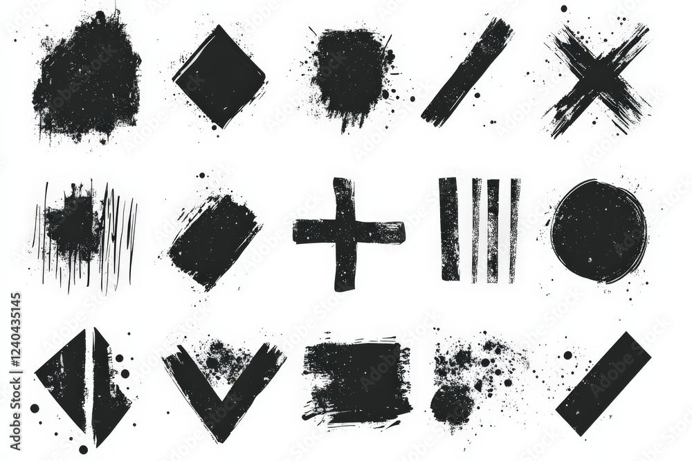 Aufkleber various black ink splashes and shapes arranged artistically on a white background in a creative comp