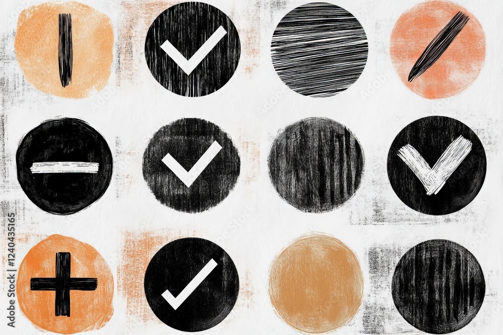 Aufkleber Colorful abstract graphic featuring various symbols and shapes in a grid layout with contrasting tones and textures
