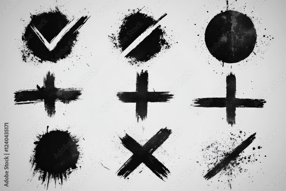 Poster Black and white abstract symbols with paint splatters on a gray background for artistic expression