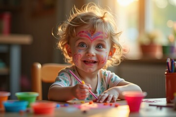 Toddler girl with colorful face paint smiling while painting at table with art supplies, creative kids activity for birthday party or family fun, cozy indoor sunlight background warm atmosphere