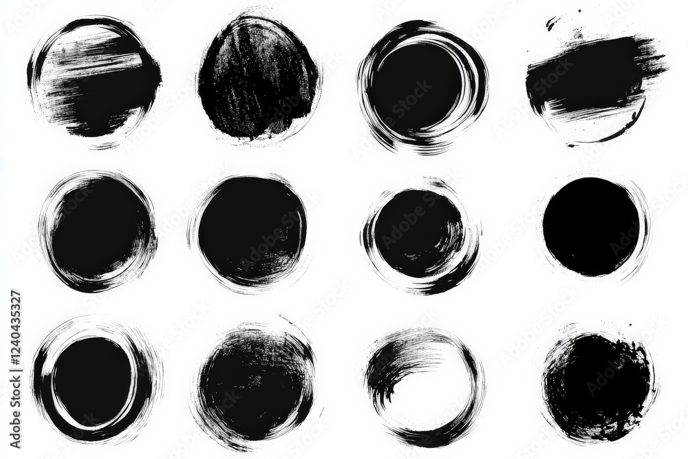 Poster various circular brushstroke designs in black and white on a clean background for artistic projects 