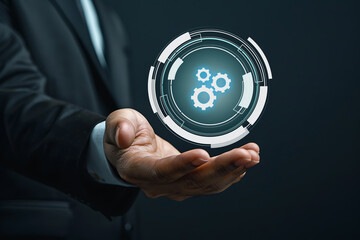 Digital innovation in hand, A businessman's outstretched hand holds a glowing digital, symbolizing the setting of technology and innovation in today's world.