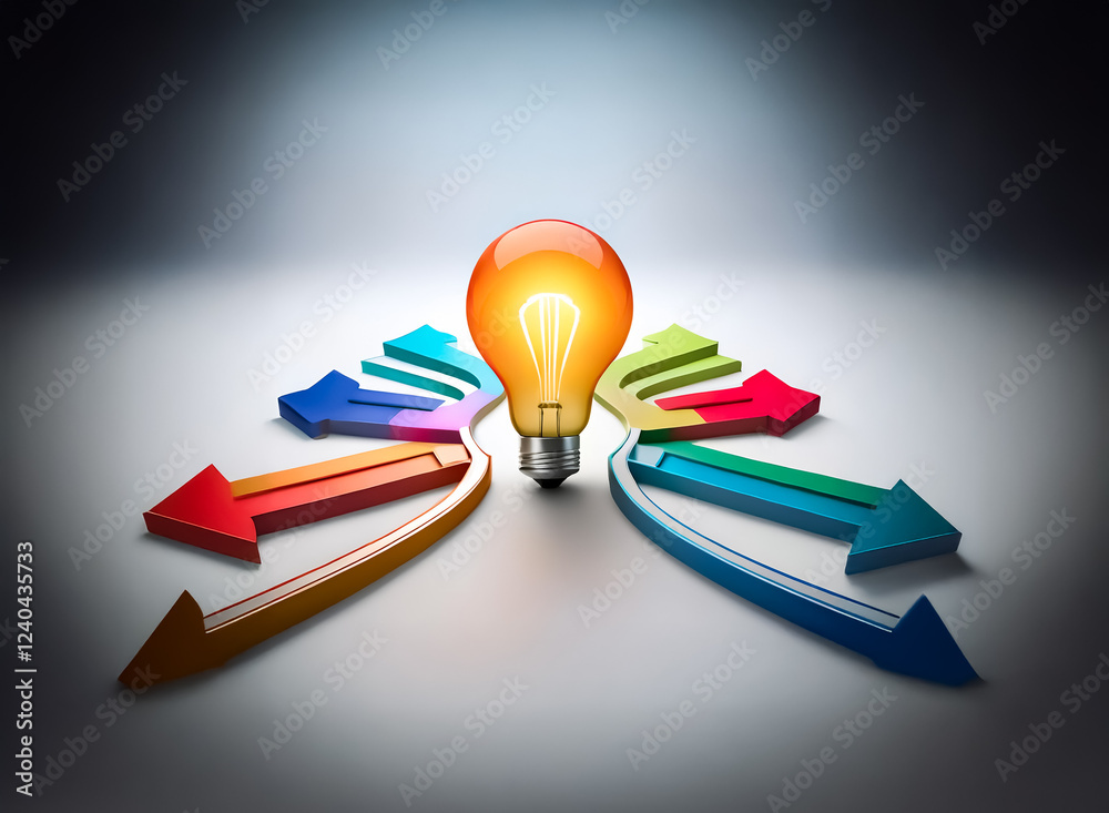Poster A glowing lightbulb sits at the center of diverging colorful arrows, symbolizing the multiple paths and choices leading to a brilliant idea or solution.