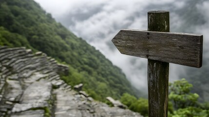 Blank Wooden Signpost Mountain Hiking Trail View