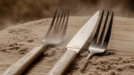 Elegant Cutlery on Wood with Brown Dust, Fine Dining Concept