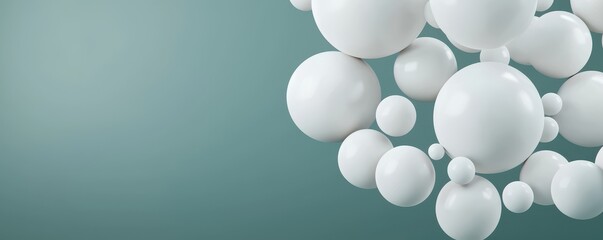 A collection of white spheres floating against a soft, teal background, creating a modern and minimalist aesthetic.