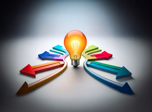 A glowing lightbulb sits at the center of diverging colorful arrows, symbolizing the multiple paths and choices leading to a brilliant idea or solution.