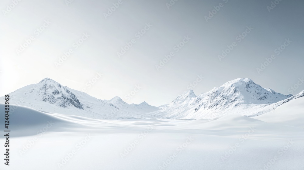 Poster expansive snow covered landscape with mountains in the distance under a clear sky at dawn. generativ