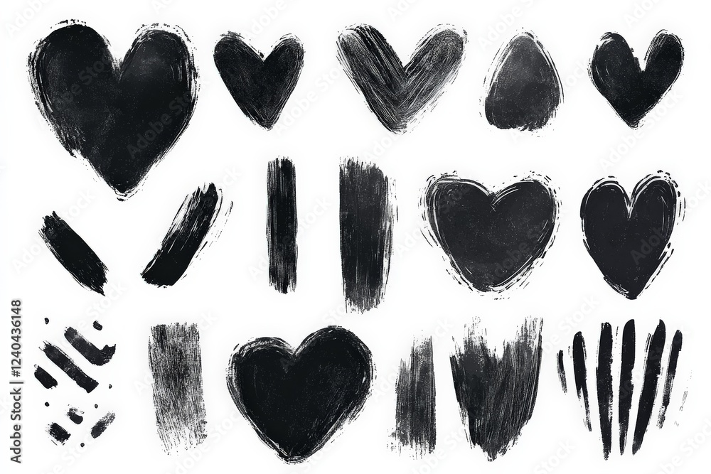 Poster Black heart shapes and brush strokes arranged in a creative pattern for artistic projects