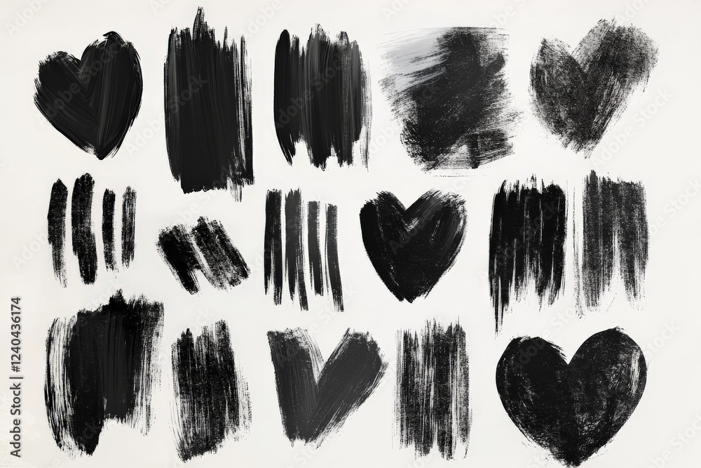 Aufkleber black heart shapes and brush strokes arranged artistically on a light background showcasing creative