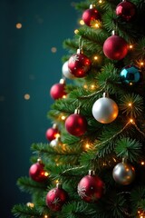 Fototapeta premium Decorated evergreen tree with sparkling lights and colorful ornaments, holiday decorations, decorated tree, holiday season