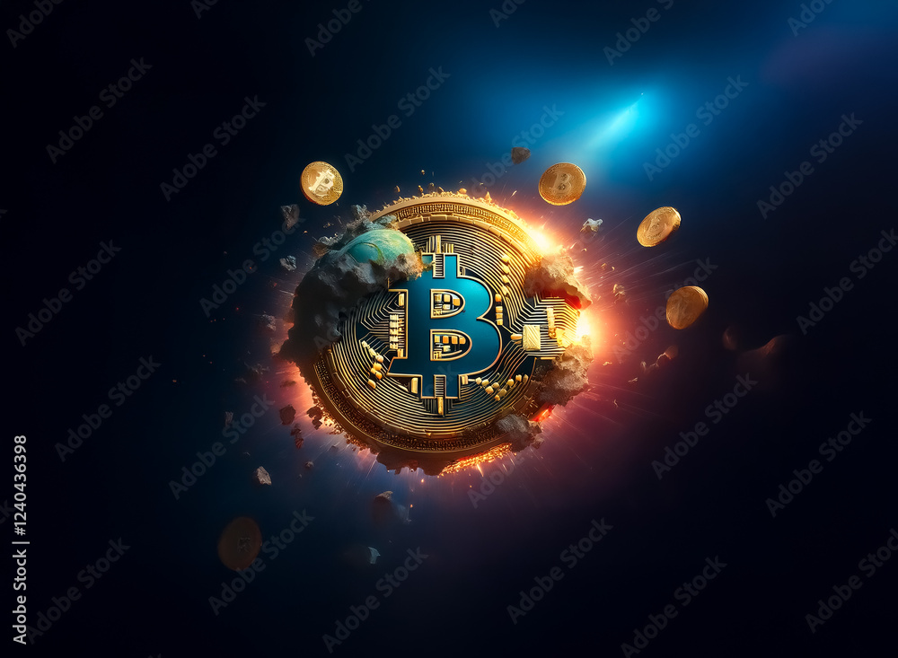 Poster a fiery cosmic explosion engulfs a bitcoin, shattering it into fragments against a dark space backgr