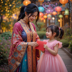 Excited Young Girl Holding Eid Gift in Islamic Decorated Living Room Celebrating Islamic Festival with Family