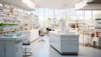 Pharmacy Interior Models showcasing a modern pharmacy layout with shelves of medications, counters, and bright, clean design