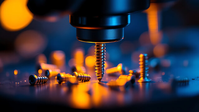 A microscope examining screws with a detailed close-up view.