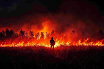 Fototapeta premium Firefighter battling a large wildfire at night in a forested area