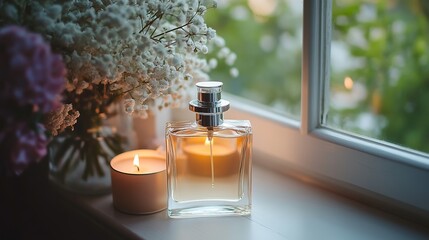  Elegant Perfume Bottle with Flowers and Candles on a Serene Window Sill. Luxurious and Peaceful Setting with Soft Lighting and Aesthetic Ambiance.