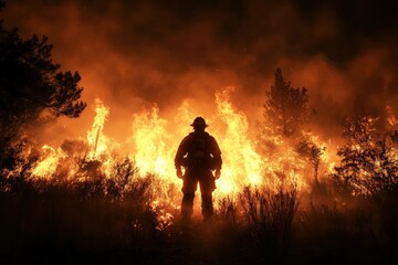 Fototapeta premium Brave firefighter battling wildfires at night with flames illuminating the surroundings