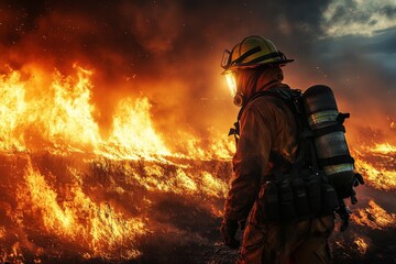Naklejka premium Firefighter battling wildfires at dusk in a forest area demonstrating bravery and commitment to safety