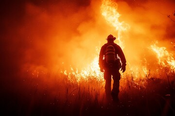Firefighter confronting wildfire in dense smoke under glowing orange flames at dusk