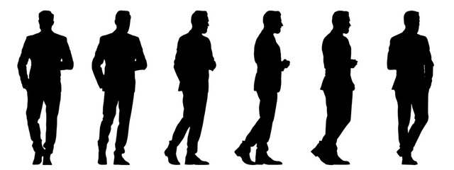 Vector concept conceptual black silhouette of a man in an elegant costume from different perspectives isolated on white background. A metaphor for fashion, entertainment and lifestyle