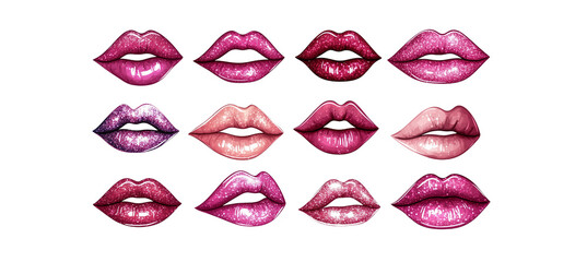 Naklejka premium Shimmering Pink Lips - Glamorous Makeup Elements on White Background