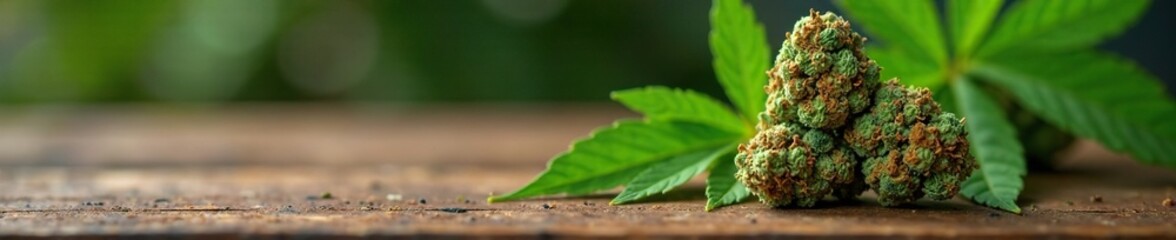 Weed nugget on a wooden table with other plants, fresh, table, wood