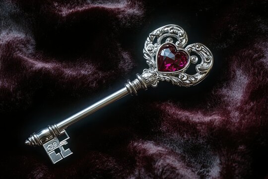 Ornate silver key with a heart shaped ruby gemstone